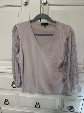 Adrianna Papell Taupe V-Neck Sweater with Sheer Printed Sleeves